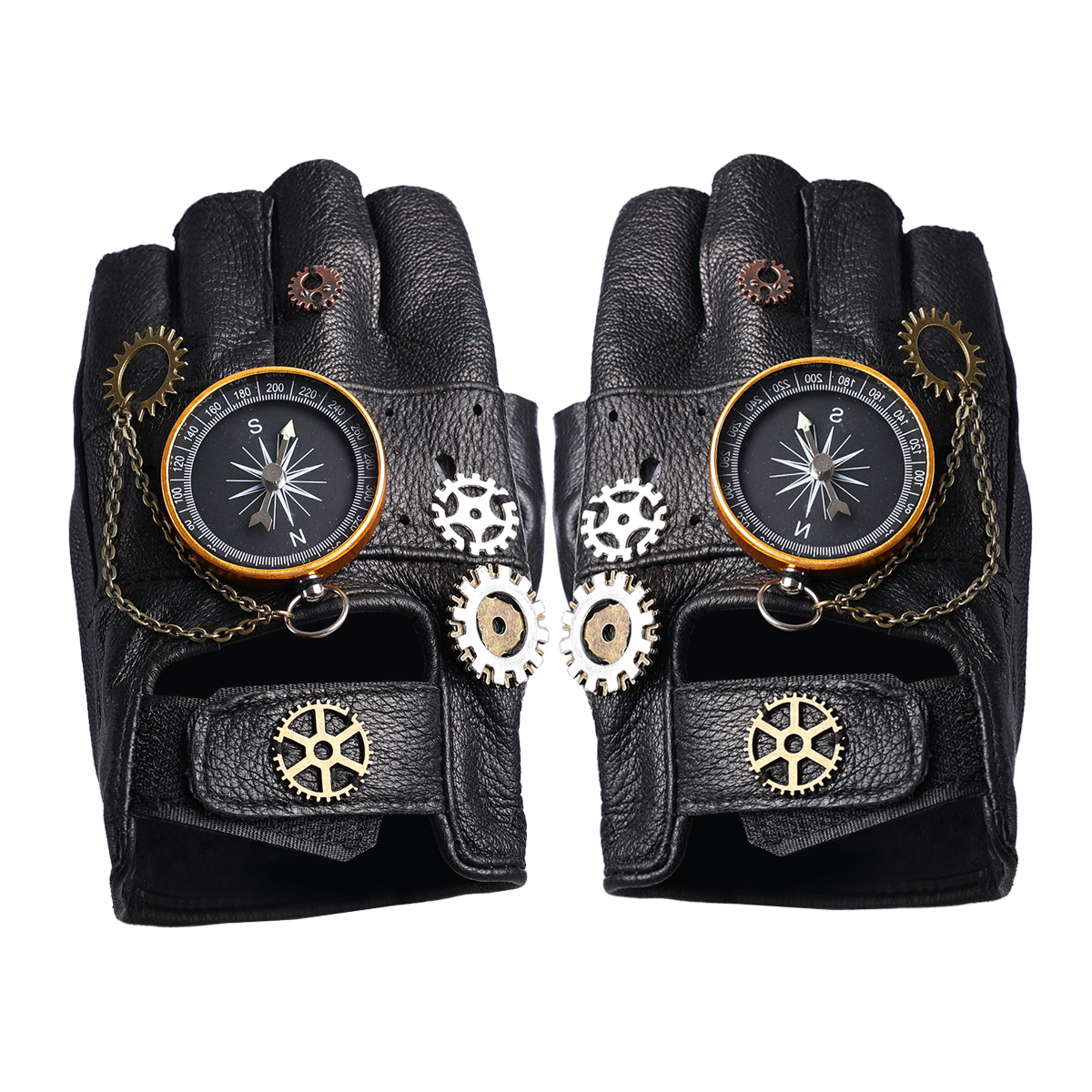 Men'S Fashion Gloves - Steampunk PU Leather Fingerless Compass Gloves