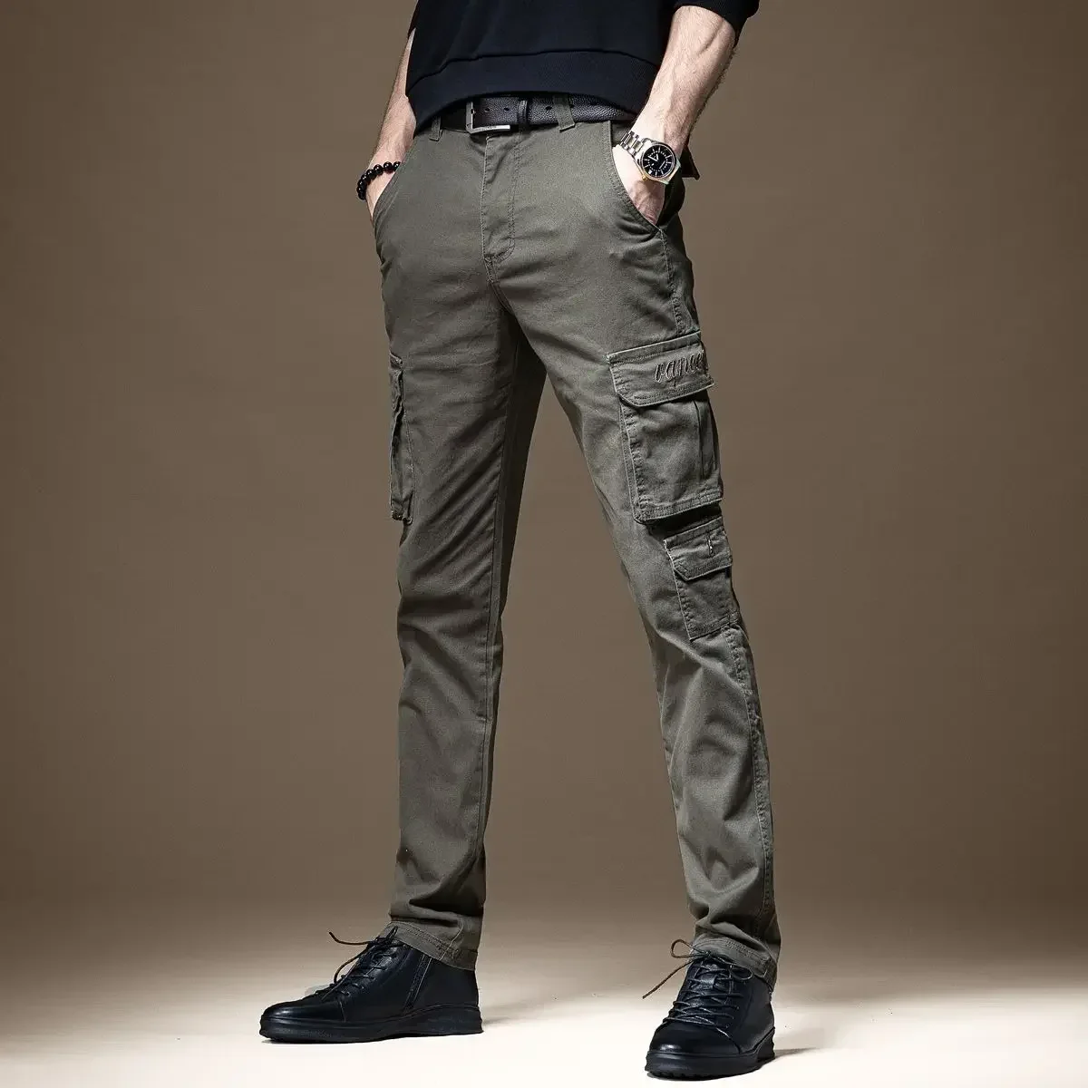 Trousers Man Black Slim Cargo  - Mens Fashion Cargo Pants บทวิจารณ์และราคา