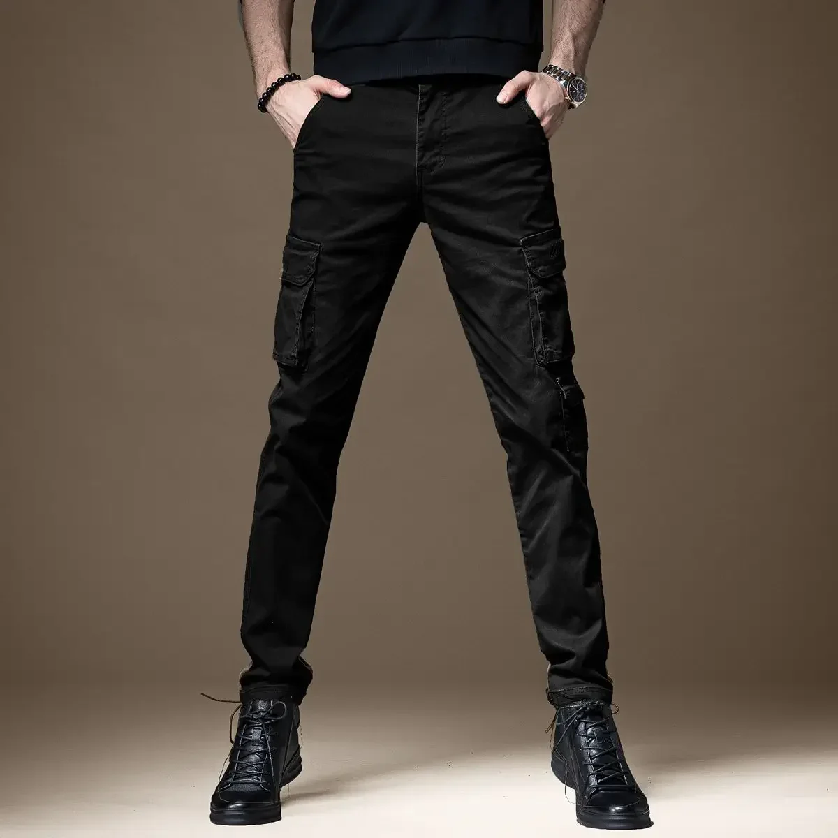 Trousers Man Black Slim Cargo  - Mens Fashion Cargo Pants บทวิจารณ์และราคา